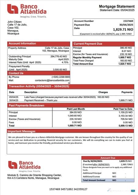 Download Nicaragua Banco Atlántida mortgage statement Word and PDF template Photoshop template